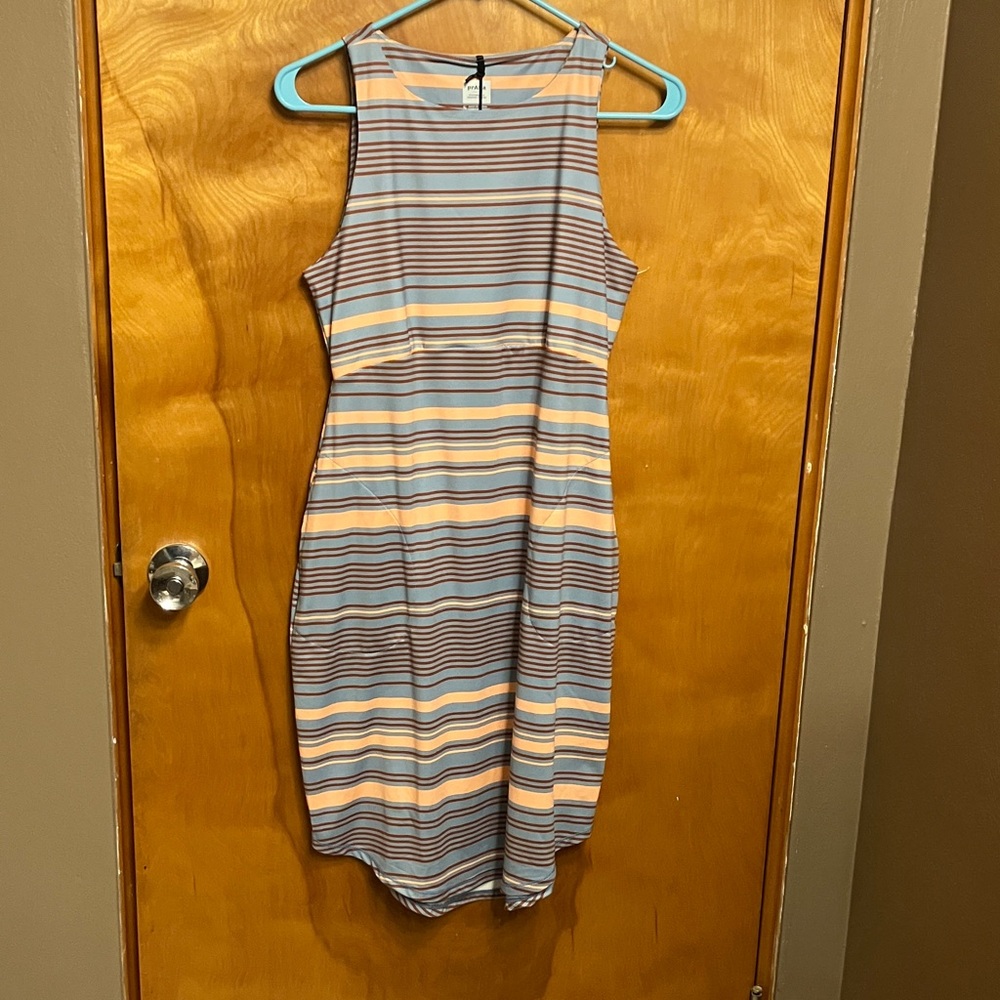 PRANA. Striped Sleeveless Midi Dress in Light Blue and Peach. Size Small. NWT
